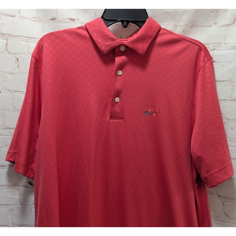 Greg Norman Men M Medium Play Dry Golf Polo Shirt Coral Red Diamond Pattern‎